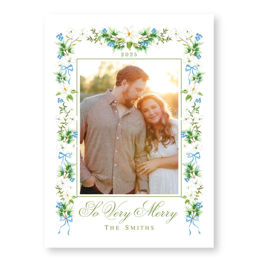 Merry Magnolias in Blue | 5x7 Holiday Photo Card with Envelope