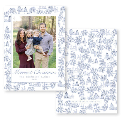 Holiday Toile Christmas Card in White and Blue | 5x7 Holiday Photo Card with Envelope