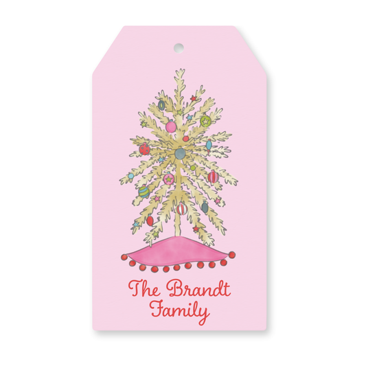 a pink gift tag with a picture of a fireworks