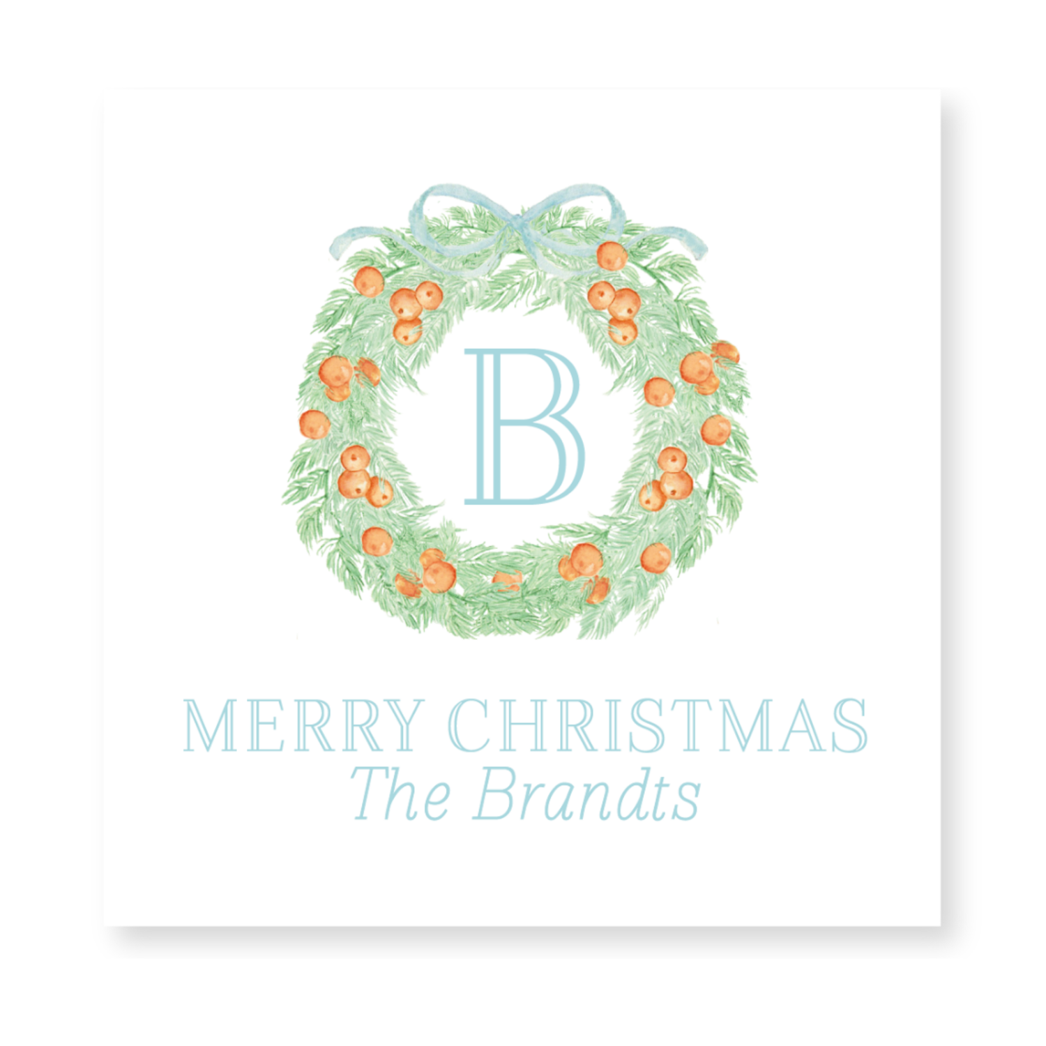 a christmas card with a wreath of oranges