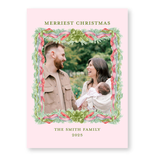 Velvet Trimmings Holiday Card in Pink | 5x7 Holiday Photo Card with Envelope