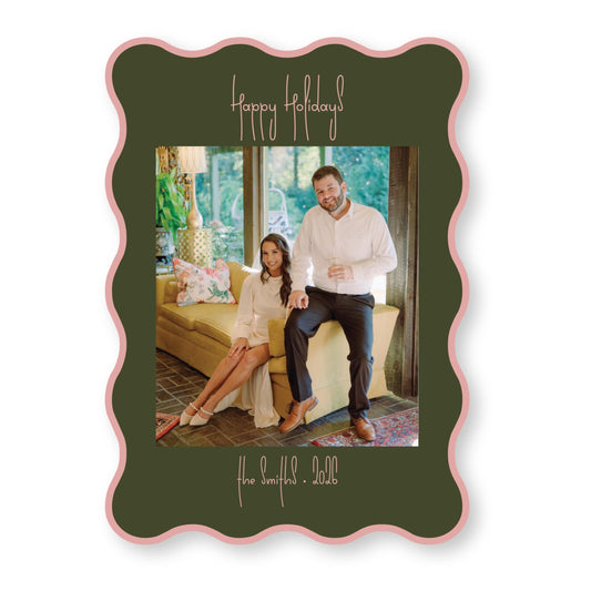 PRINTED Die Cut Holiday Card | Swirly Season in Aubergine and Army Wavy Card | 5x7 Holiday Photo Card with Envelope