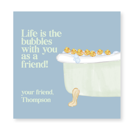 a card with a picture of a bathtub full of rubber ducks