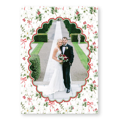 Merry Magnolias in Red, Scalloped | 5x7 Holiday Photo Card with Envelope