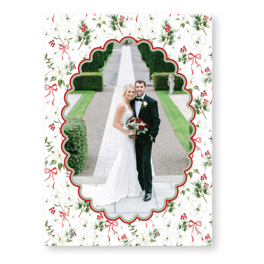 Merry Magnolias in Red, Scalloped | 5x7 Holiday Photo Card with Envelope