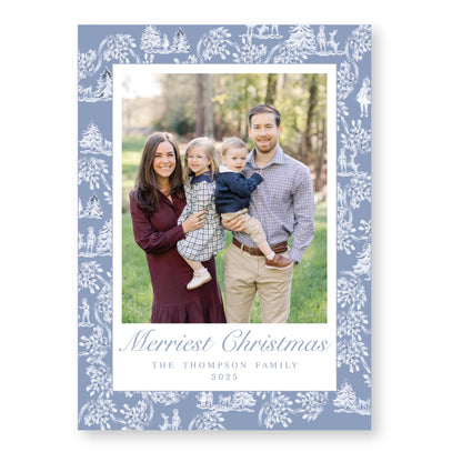 Holiday Toile Christmas Card, Blue | 5x7 Holiday Photo Card with Envelope