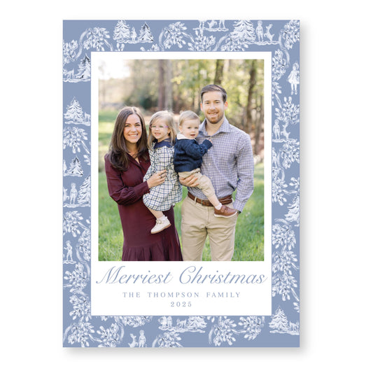 Holiday Toile Christmas Card, Blue | 5x7 Holiday Photo Card with Envelope