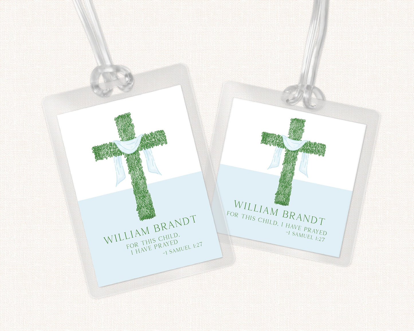 Greenery Cross Blue Sash Bag Tag, Luggage Tag, Baby Boy Bag Tag, Laminated Bag Tag, Boy Cross Bag Tag