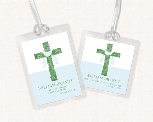 Greenery Cross Blue Sash Bag Tag, Luggage Tag, Baby Boy Bag Tag, Laminated Bag Tag, Boy Cross Bag Tag