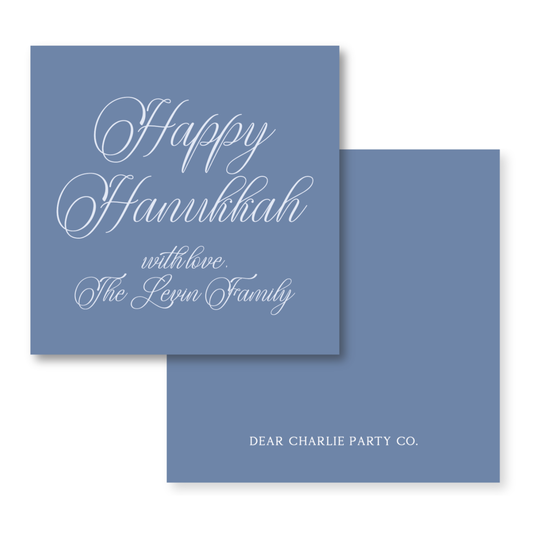 a blue greeting card with the words happy hanukkah written on it