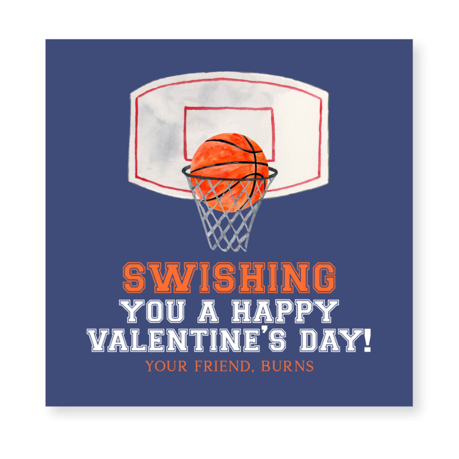 a card with a basketball in the hoop saying wishing you a happy valentine's