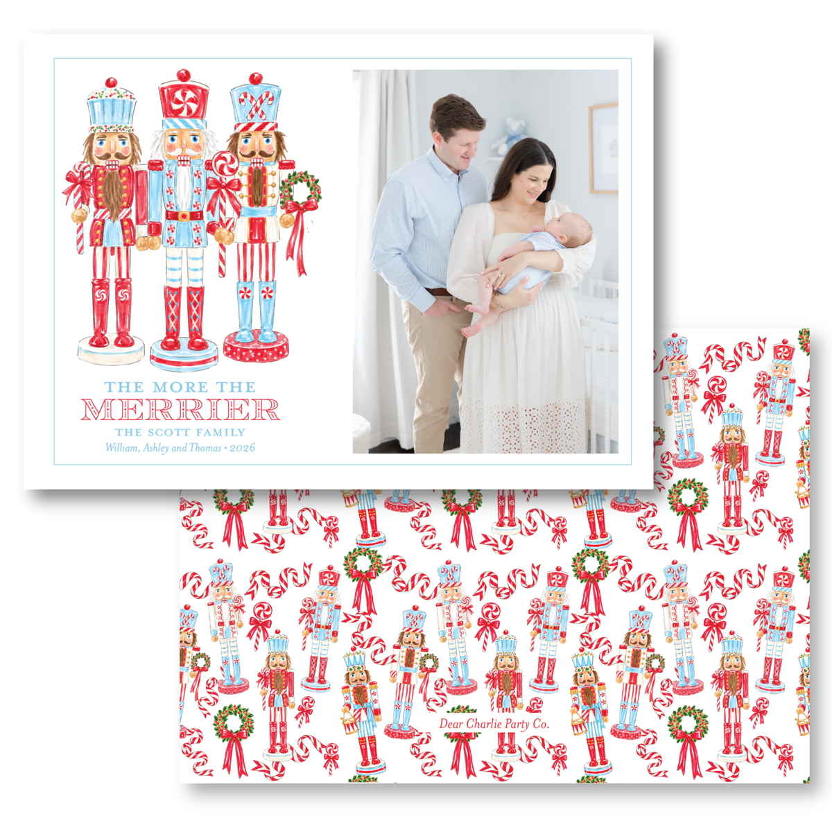 The image is a collage of two photos. The top photo shows a family of three - a man, a woman, and a baby - standing together in a room. The bottom photo features a pattern of nutcracker figures in various poses and colors.