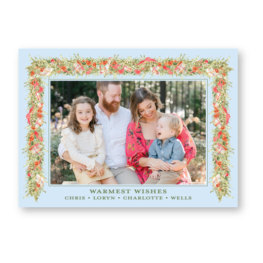 Pomander and Plaid Wreath in Blue Horizontal | 5x7 Holiday Photo Card with Envelope