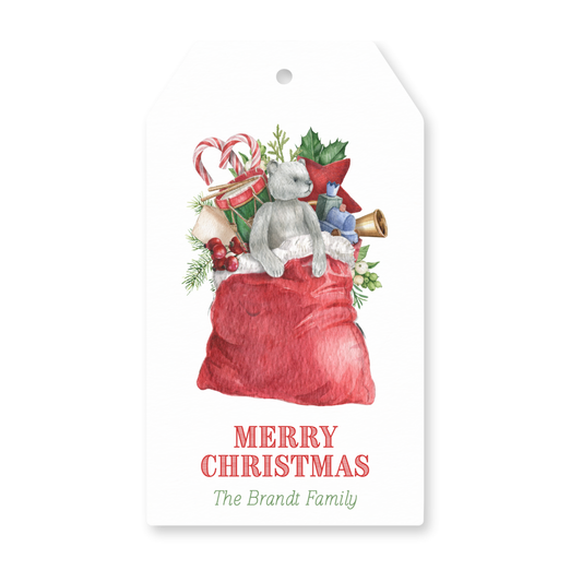 a watercolor painting of a christmas bag with a teddy bear