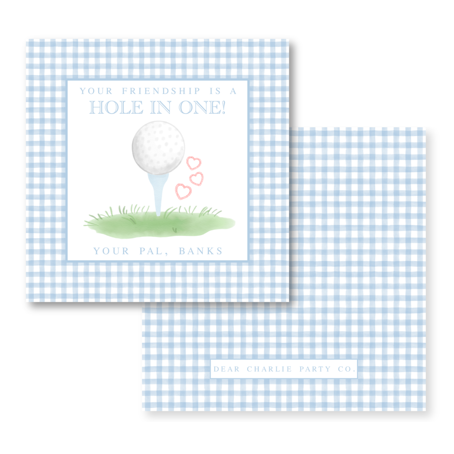 a blue and white checkered card with a golf ball on it