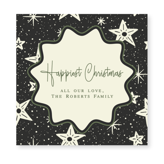 a black and white christmas card with stars