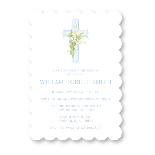 Lily Cross Baptism in Blue Scallop Die Cut Invitation