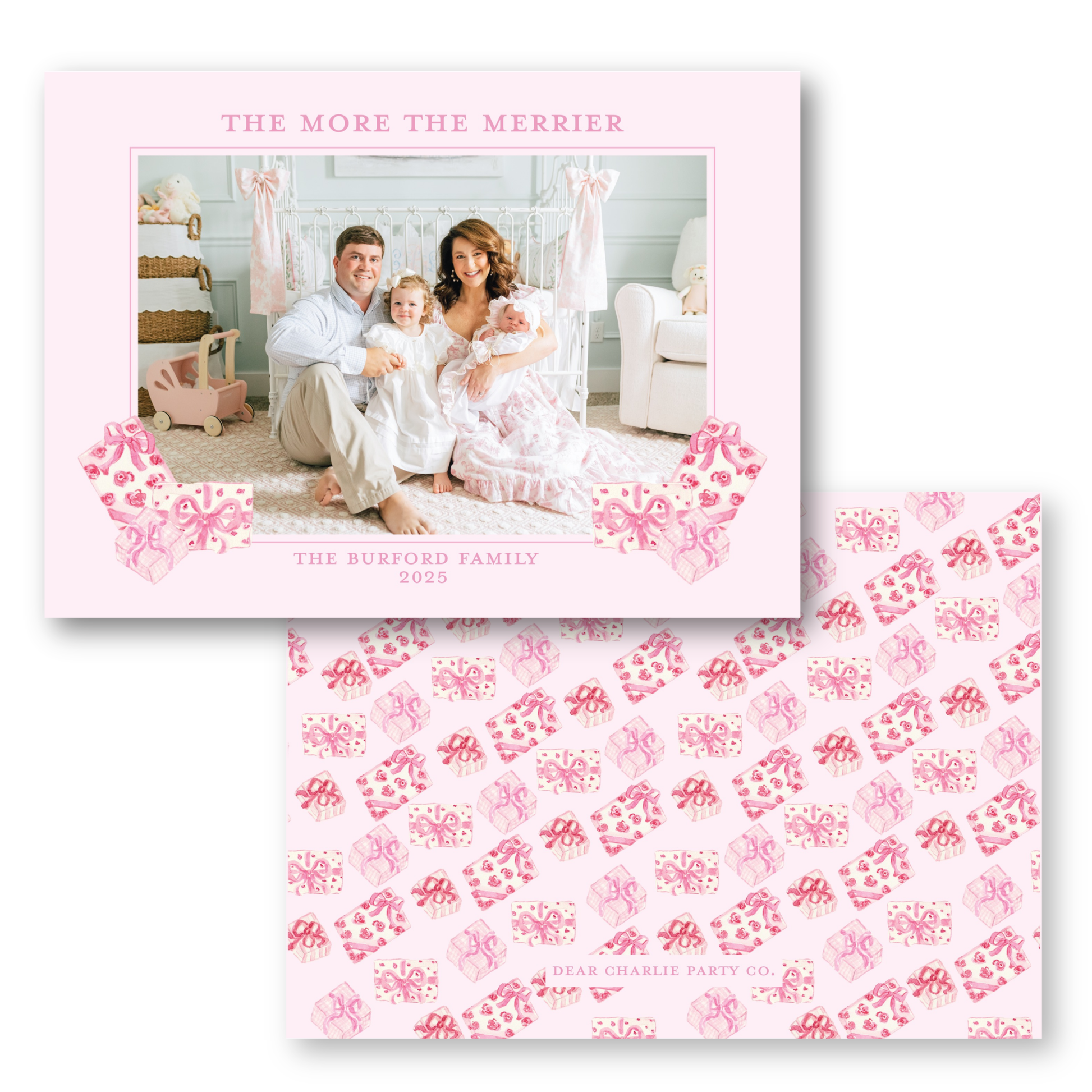 The image is a collage of two photos, featuring a family of three - a man, a woman, and a child - sitting together in a room with a white crib and a pink and white gift box pattern.