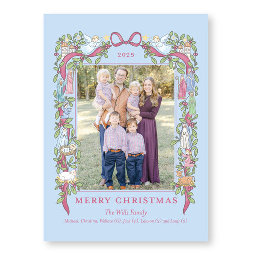 The Nativity Story in Berry and Blue | 5x7 Holiday Photo Card with Envelope