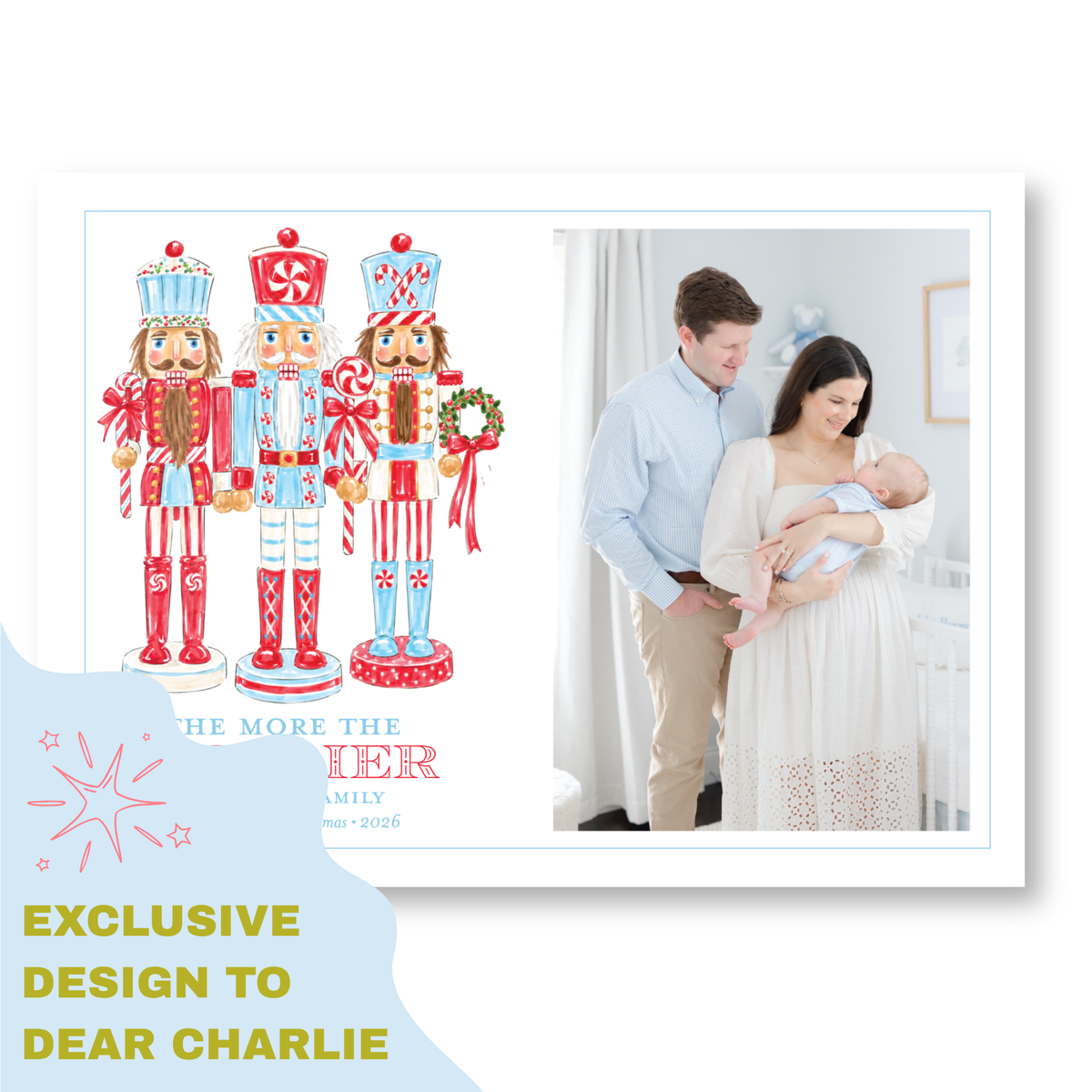 The image is a collage of two photos. The left photo features a nutcracker soldier and a nutcracker soldier holding a candy cane, while the right photo shows a family of three - a man, a woman, and a baby - standing together.