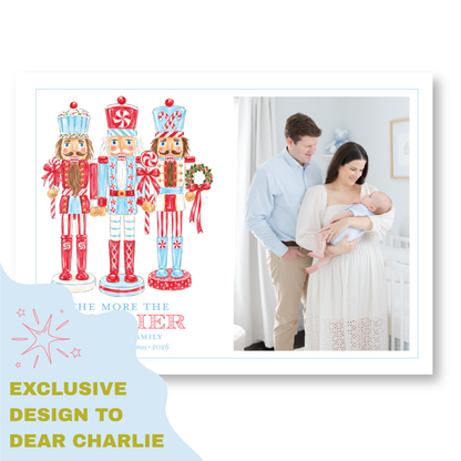 The image is a collage of two photos. The left photo features a nutcracker soldier and a nutcracker soldier holding a candy cane, while the right photo shows a family of three - a man, a woman, and a baby - standing together.