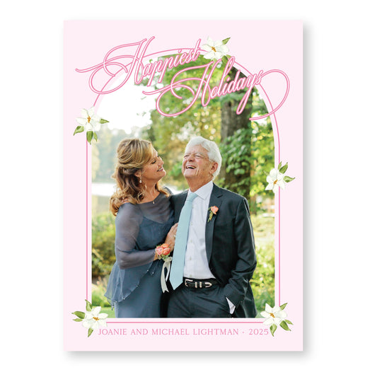 Merry Magnolias Arch  in Pink, | 5x7 Holiday Photo Card with Envelope