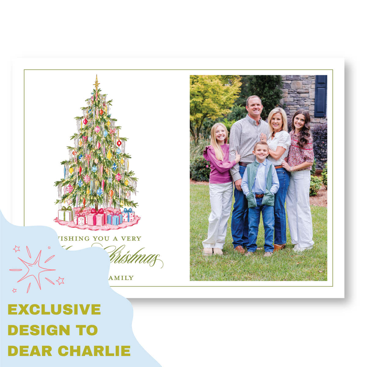 A family portrait of a group of people, including a Christmas tree and gifts, along with a message wishing the viewer a very happy Christmas.