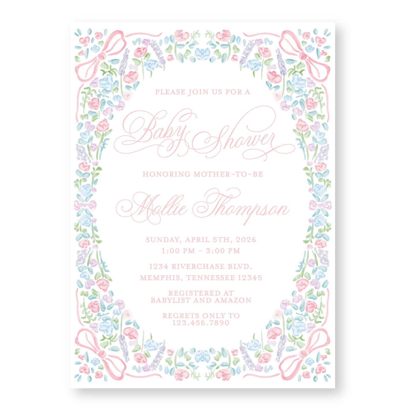 Floral Oval Bows Girl Baby Shower Invitation