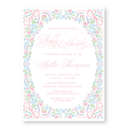 Floral Oval Bows Girl Baby Shower Invitation