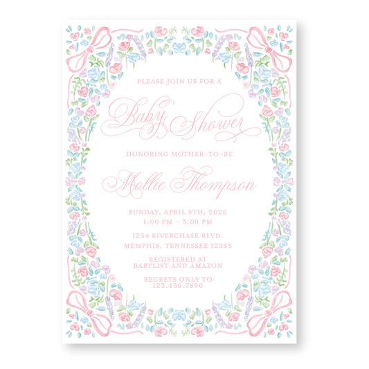 Floral Oval Bows Girl Baby Shower Invitation