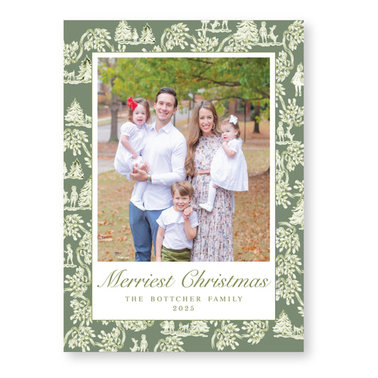 Holiday Toile Christmas Card, Green | 5x7 Holiday Photo Card with Envelope