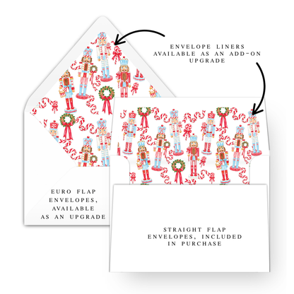 The image is a collage of three images, each depicting a nutcracker figure in a different pose. The nutcracker figures are arranged in a pattern, creating a festive and whimsical design. The text in the image indicates that the nutcracker figures are available as an upgrade for Euro flap envelopes, and that straight flap envelopes are included in purchase.