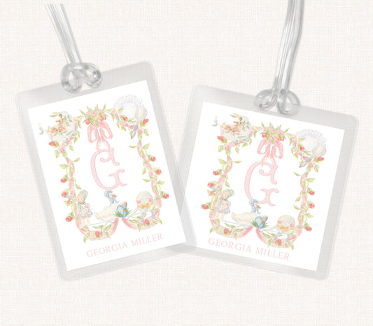 Monogram Nursery Rhymes Bag Tag, Luggage Tag, Baby Girl Bag Tag, Laminated Bag Tag, Mother Goose Tag