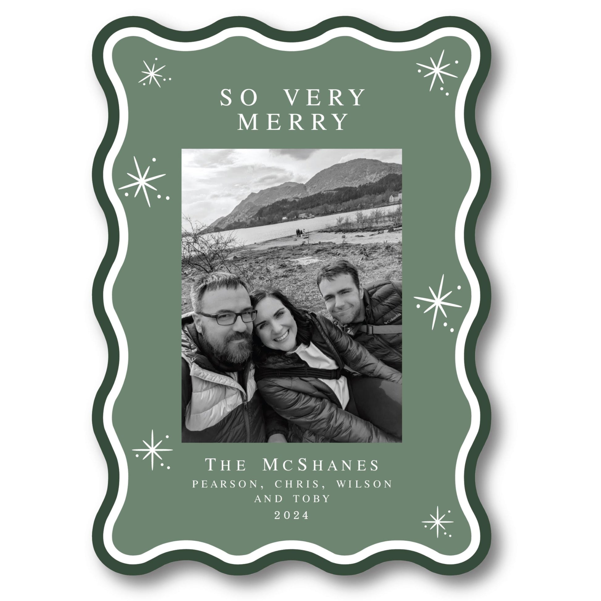 a christmas card with a picture of two people
