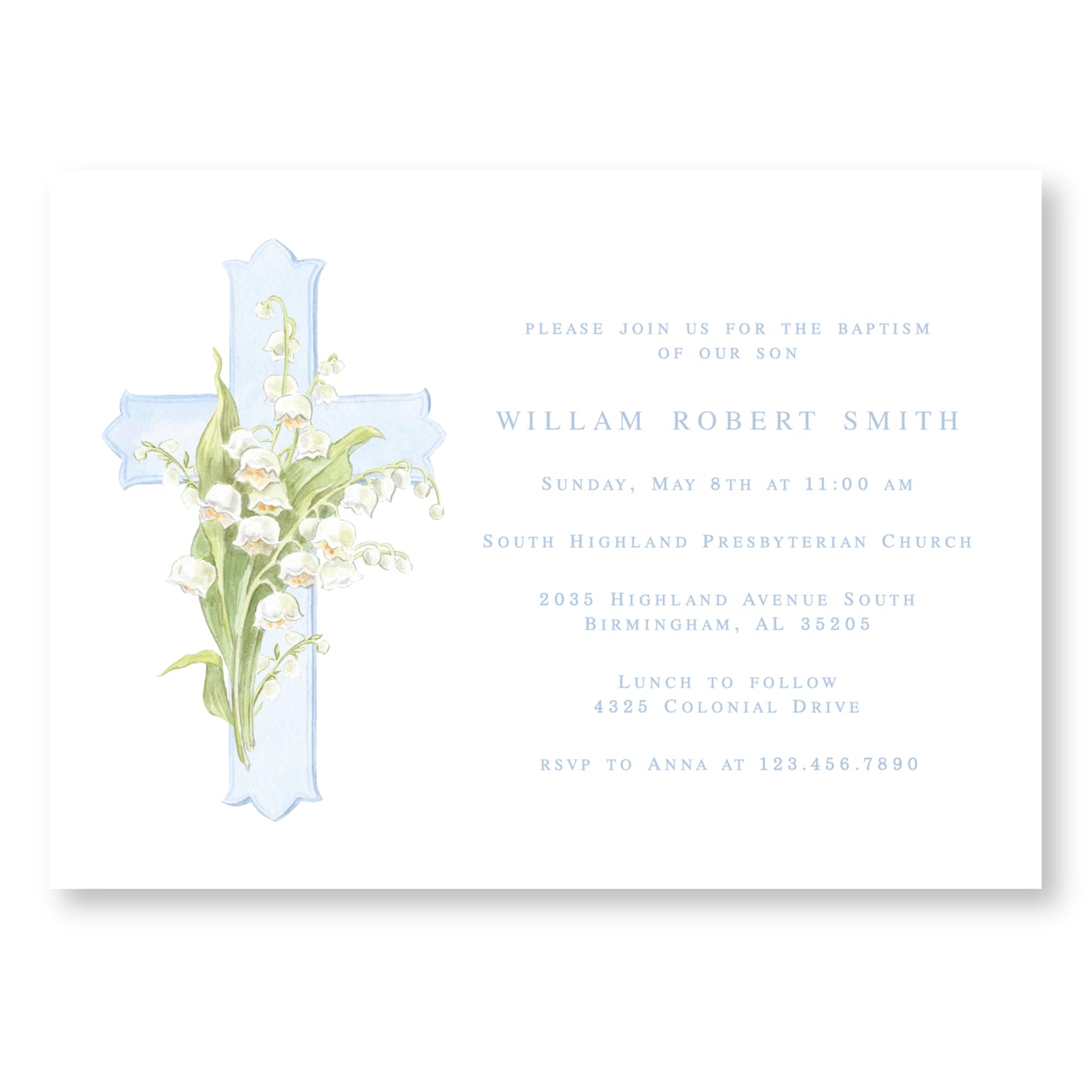 Lily Cross Baptism in Blue Invitation