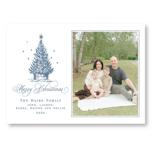 Toile Tidings Holiday Card in Blue | 5x7 Holiday Photo Card with Envelope