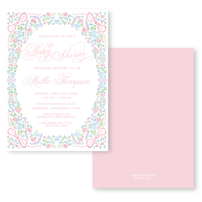 Floral Oval Bows Girl Baby Shower Invitation