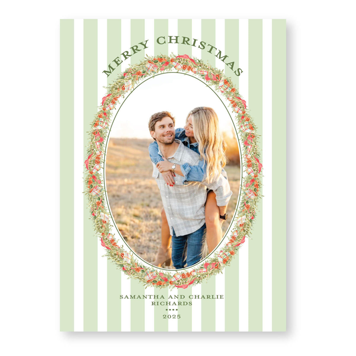 Pomander and Plaid Wreath Striped | Holiday Photo Card