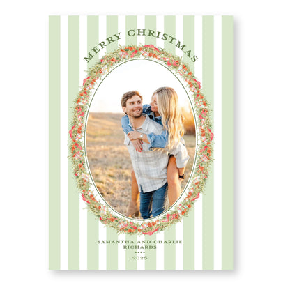 Pomander and Plaid Wreath Striped | Holiday Photo Card