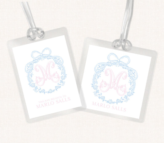 Floral Wreath Monogram Bag Tag, Monogram Bag Tag, Girl Bag Tag