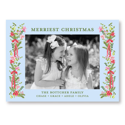 Petals and Pears Frame Blue Horizontal Card | 5x7 Holiday Photo Card with Envelope