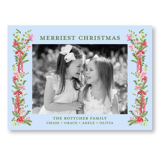 Petals and Pears Frame Blue Horizontal Card | 5x7 Holiday Photo Card with Envelope