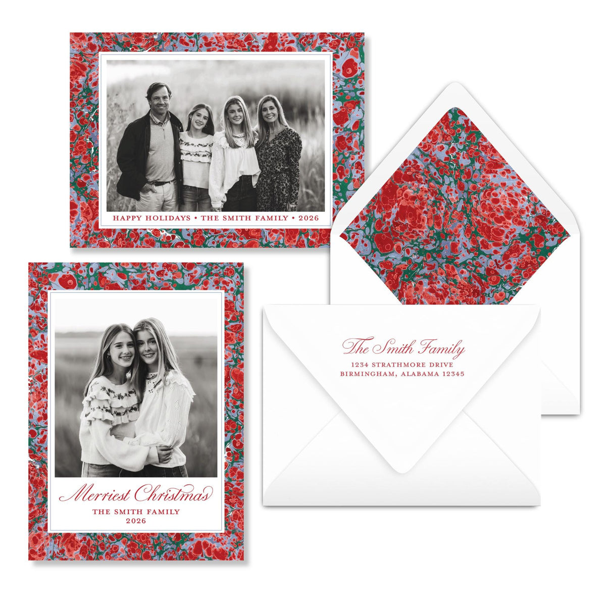 Merry Marble Green Blue and Red Horizontal | 2026 Holiday Card