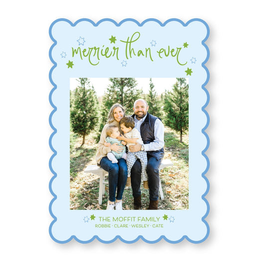 Starry Night Scallop Card in Bright Blue and Green | 5x7 Holiday Photo Card with Envelope