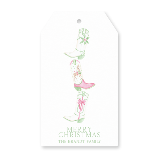 a christmas gift tag with a pink shoe