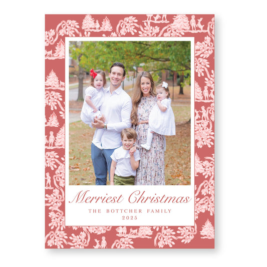 Holiday Toile Christmas Card, Red | 5x7 Holiday Photo Card with Envelope
