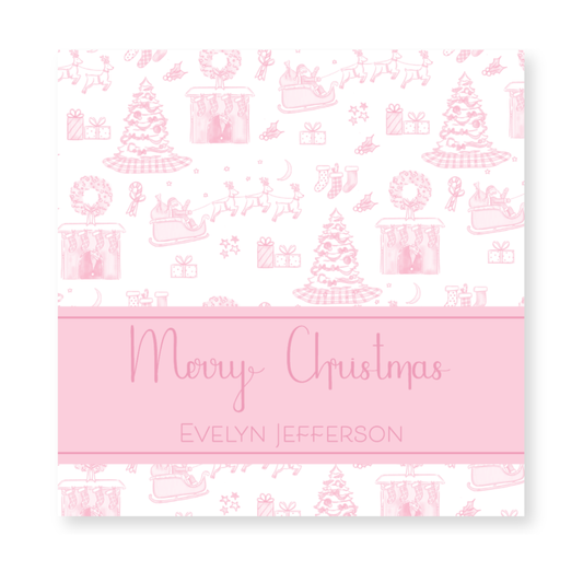 a pink christmas card with a pattern of presents
