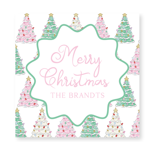 a christmas card with a pink and green christmas tree
