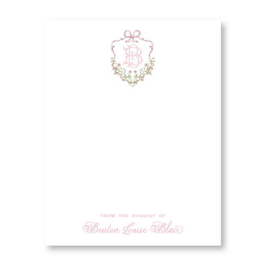 Floral Pink Crest with Monogram Vertical Notecards