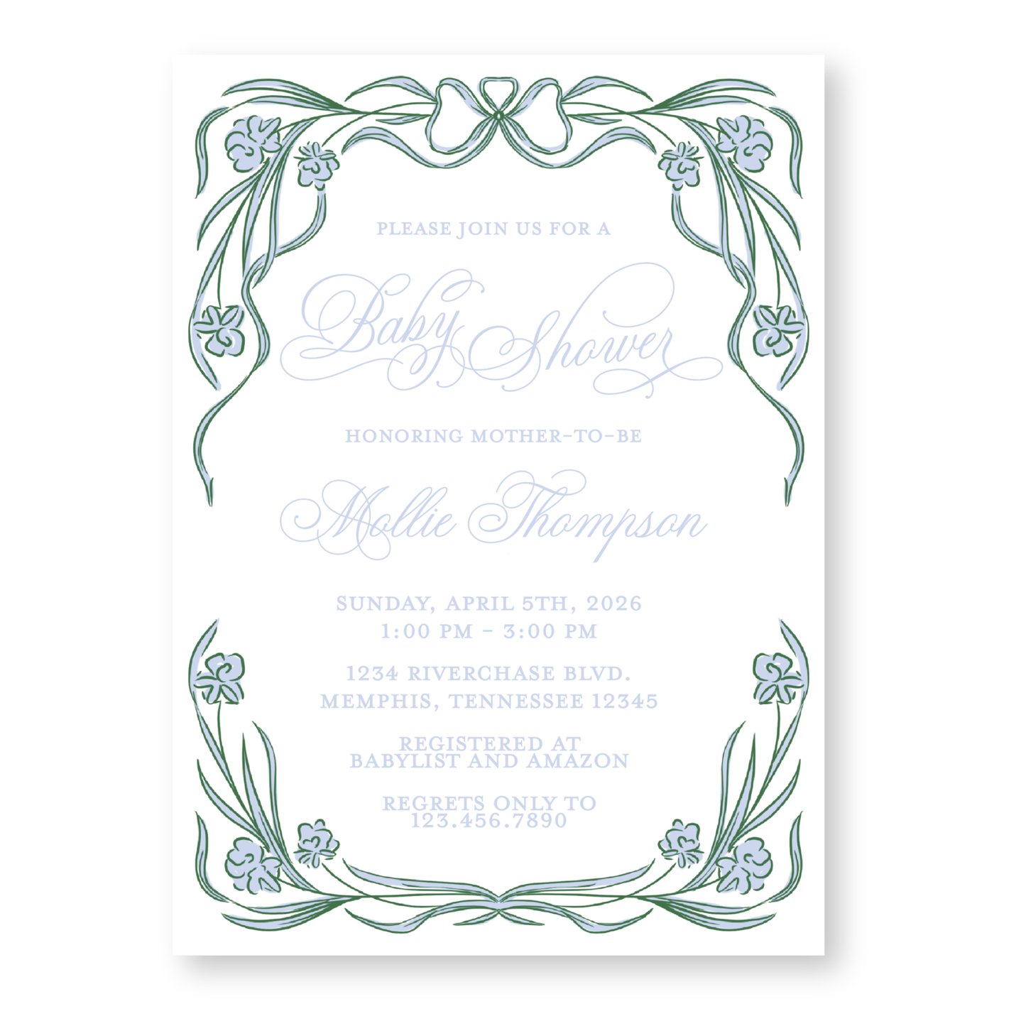 Blue and Green Floral Frame Baby Shower Invitation